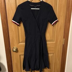 Vintage Tommy Hilfiger Navy Wrap Dress Size XXS Fit And Flare Red White Trim